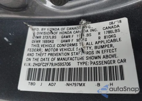 2018 Honda Civic Ex z USA, uszkodzony, nr VIN 2HGFC2F79JH595706